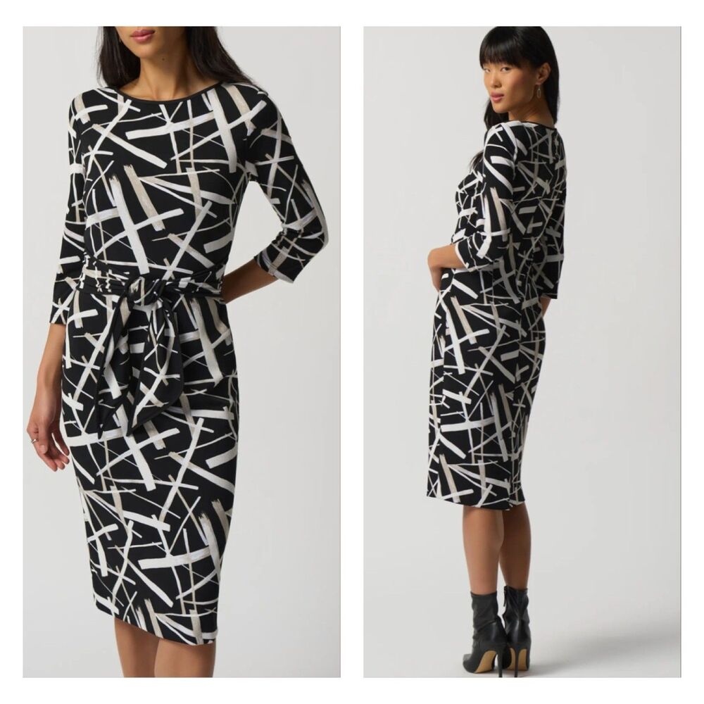 NWT - JOSEPH RIBKOFF Black/Multi Scoop Neck Stick Print Sheath Dress, Sz 12